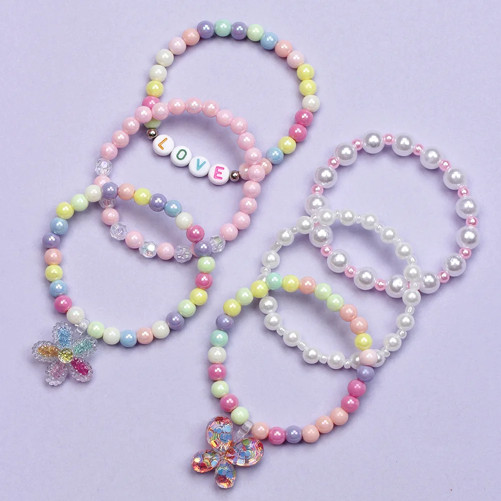 6pcs/set Bracelet Party Bracelets Star Heart Candy Color Beads Children Kids Beads Bracelets Rings Set for Girls Gift