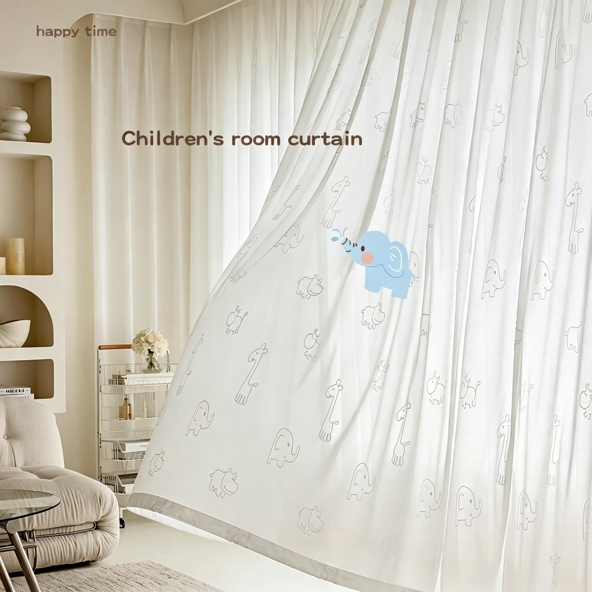 Blackout Curtain Nursery - Weißer Kawaii-Elefant, bestickter Vorhang, Fenstervorhang, Kinderzimmer,