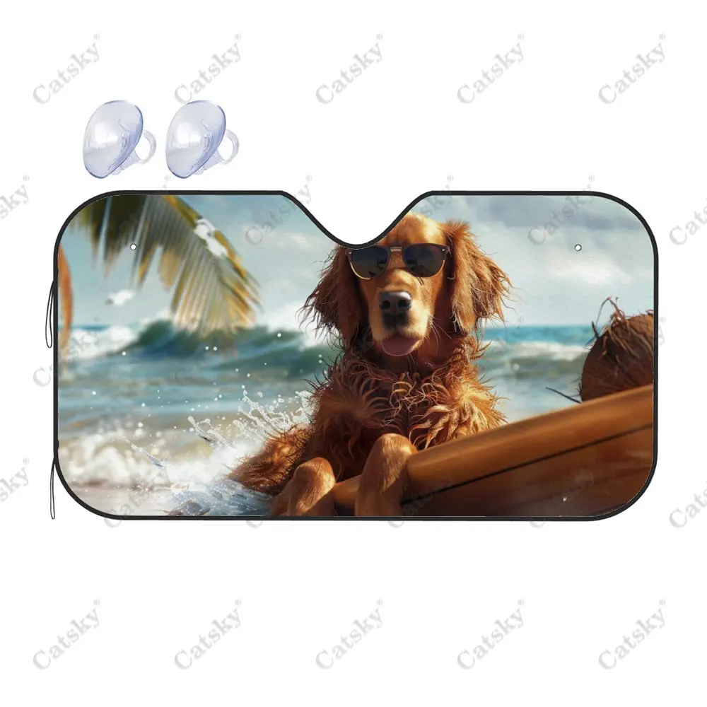 Sea Wave Beach Vacation Dog Car Windshield Sunshade, Auto Accessories Front Windshield Sun Visor Blocks Uv Rays Protect Decor