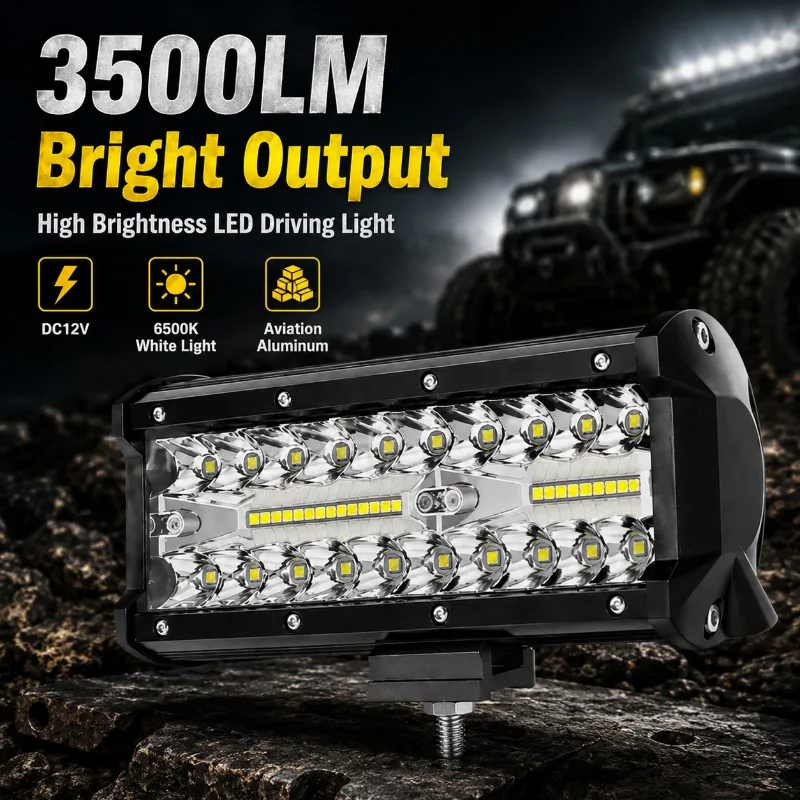 "120W 7 Inch Triple Row LED Work Light Bar 3-Eye Offroad Driving Fog Light Waterproof Spot Flood Combo for SUV Truck Tractor"