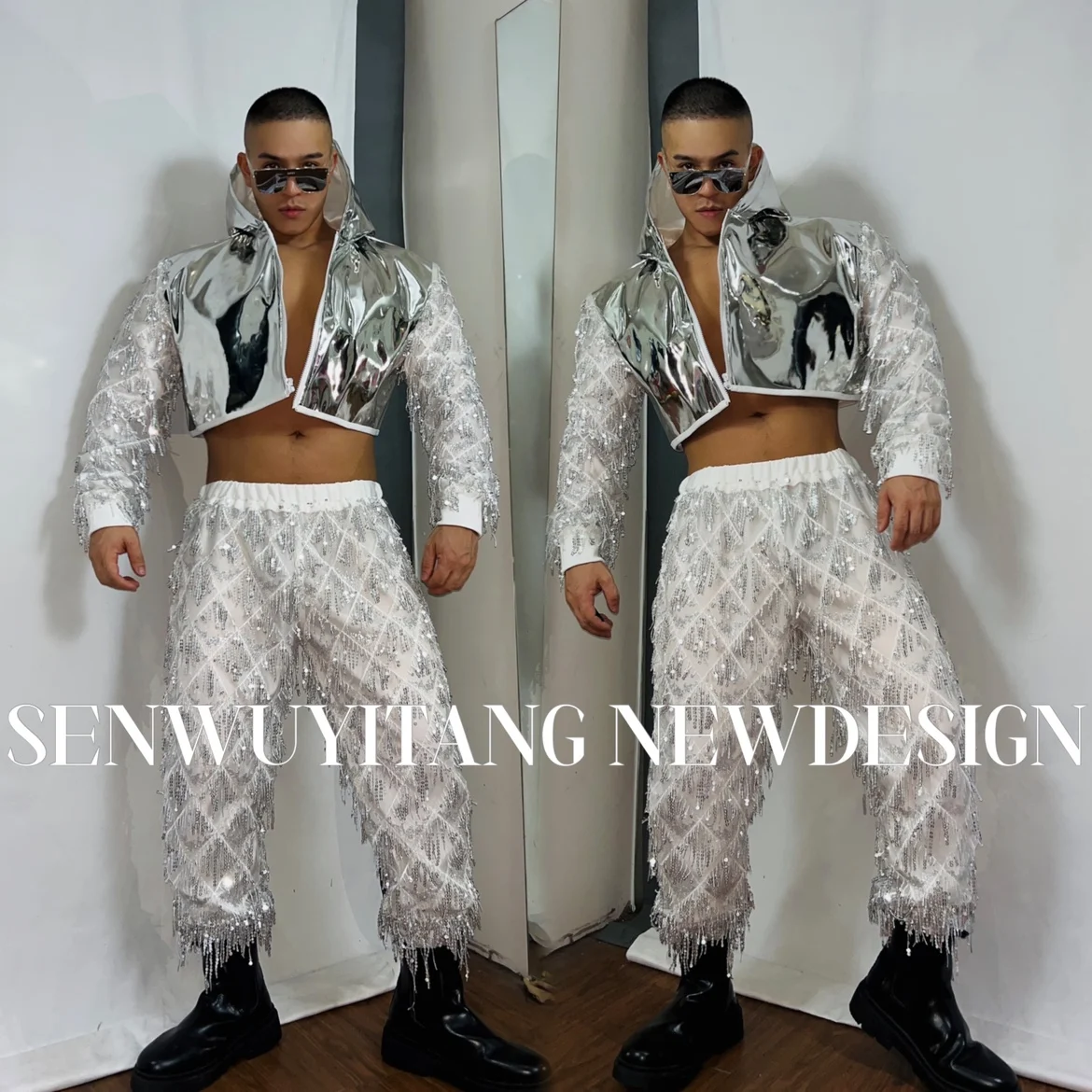 Silver Mirror Hooded Zipper Coat+Tassel Pants Personalized Party Men's Women's Singer Nightclub Bar Gogo Hip Hop Stage Clothing