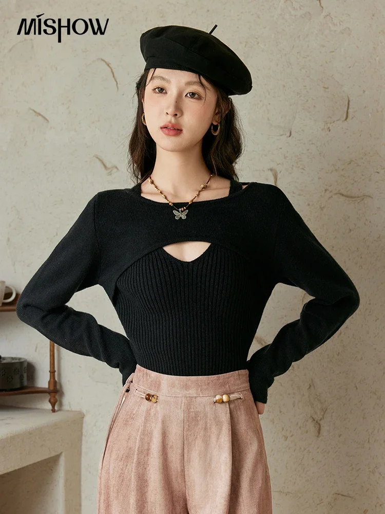 MISHOW Fake Two Hollow Knitted Sweaters for Women Autumn 2024 Slim Round Neck Pullover Sweater Casual Solid Tops MXD42Z0762