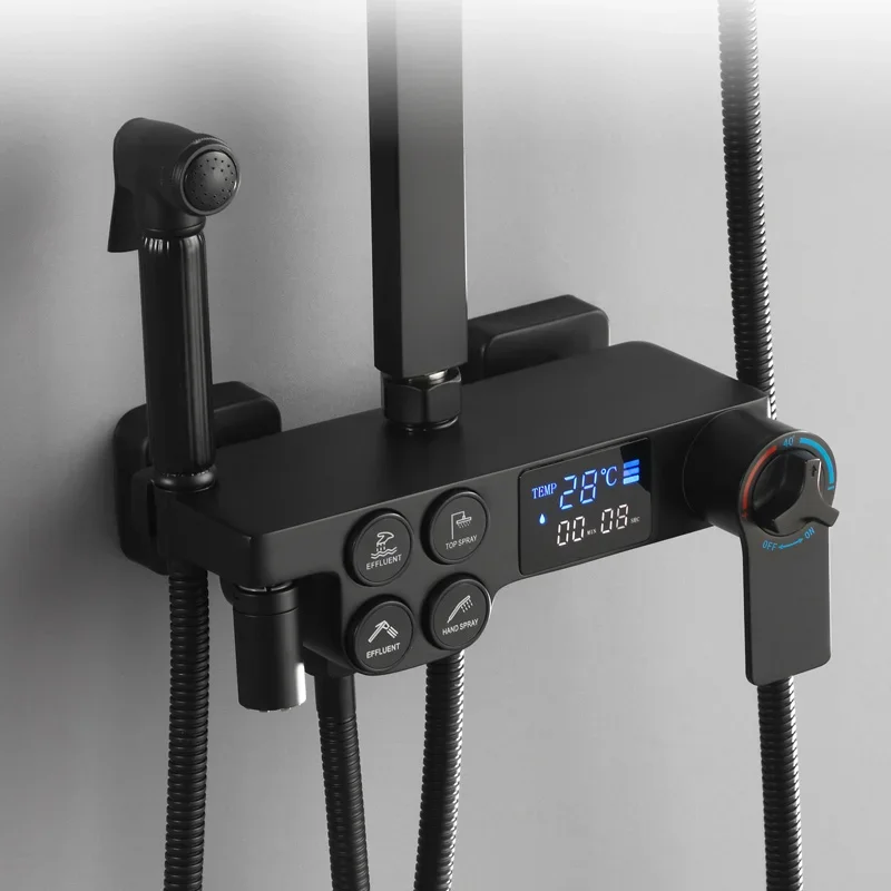 Shower Black Copper All Household Bathroom  Set Temperature Digital Display Rotating Lifting Pressure s