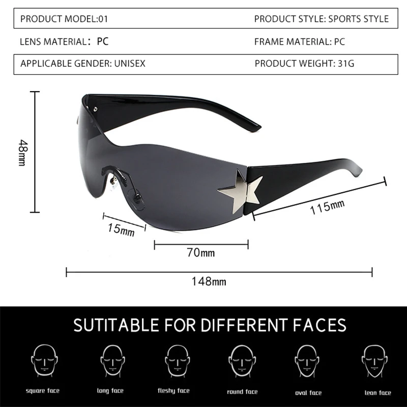 Punk Star Decoration Fashion occhiali da sole per donna uomo Y2K Rimless One Piece occhiali da sole UV400 Goggle Eyewear Moto equipment