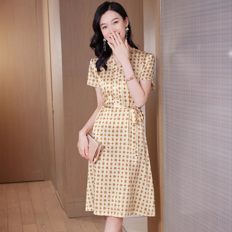 Birdree 19MM 91.2%Mulberry Silk Printed Elegant Dress Women V-Neck OL Commute Fashion Dresses 2024 Spring Summer New D3D014QC