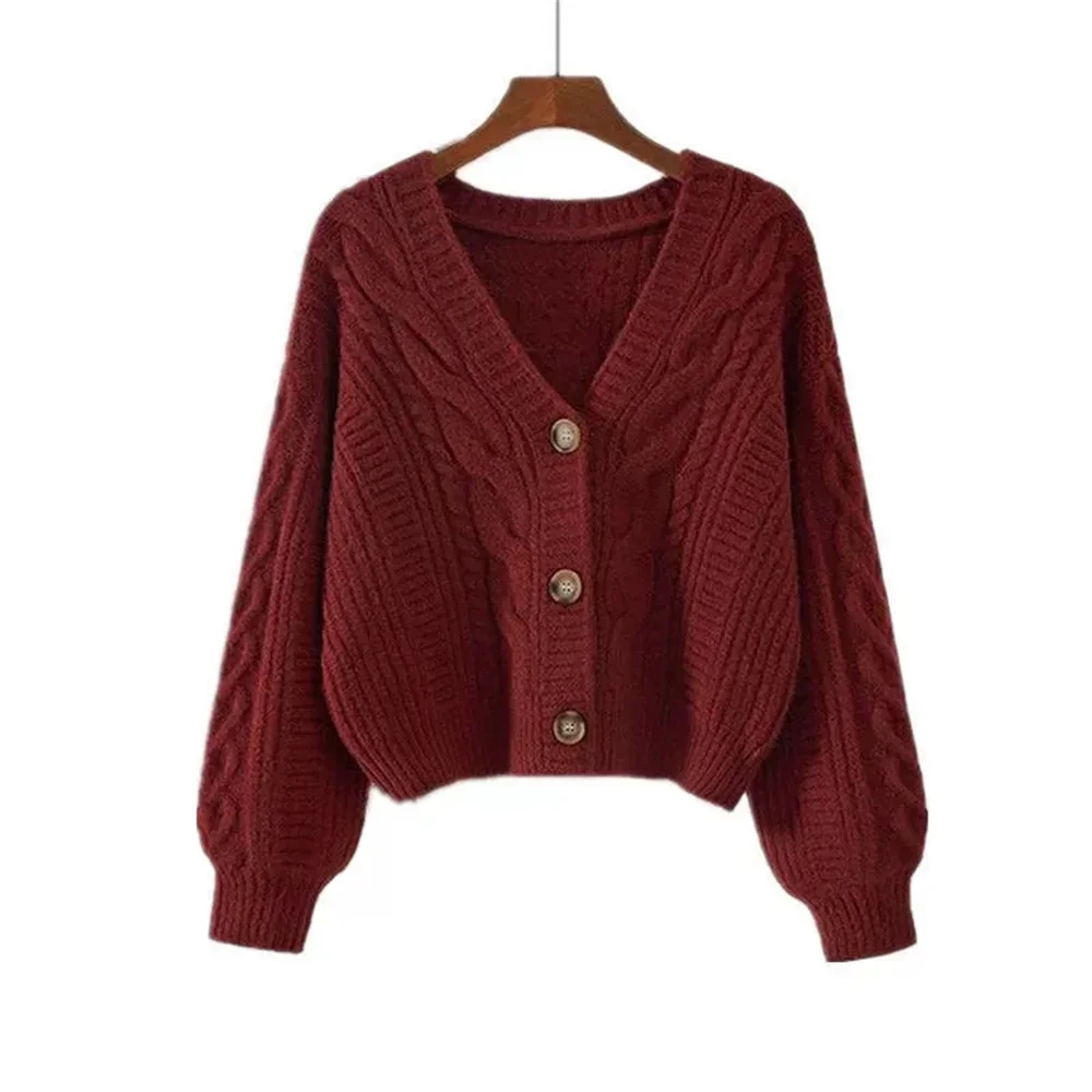 

Casual Solid Color Autumn Winter Short V-neck New Female Sweater Loose Fashion Korean Cardigan Sweater Fashion Style Basic Coat