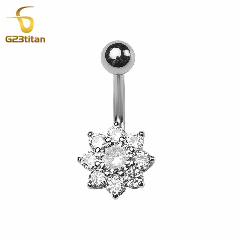 G23titan White CZ Zircon Flower Belly Button Ring Surgical Titanium Barbell 14G Body Jewelry Decoration Navel Ombligo Piercing