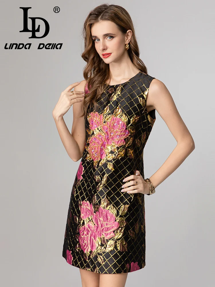 LD LINDA DELLA 2025 مجموعة جديدة ملمس مميز على شكل حرف a فستان تنورة فساتين راقية فستان مزاجه الوردي الذهبي للسيدات بدون أكمام