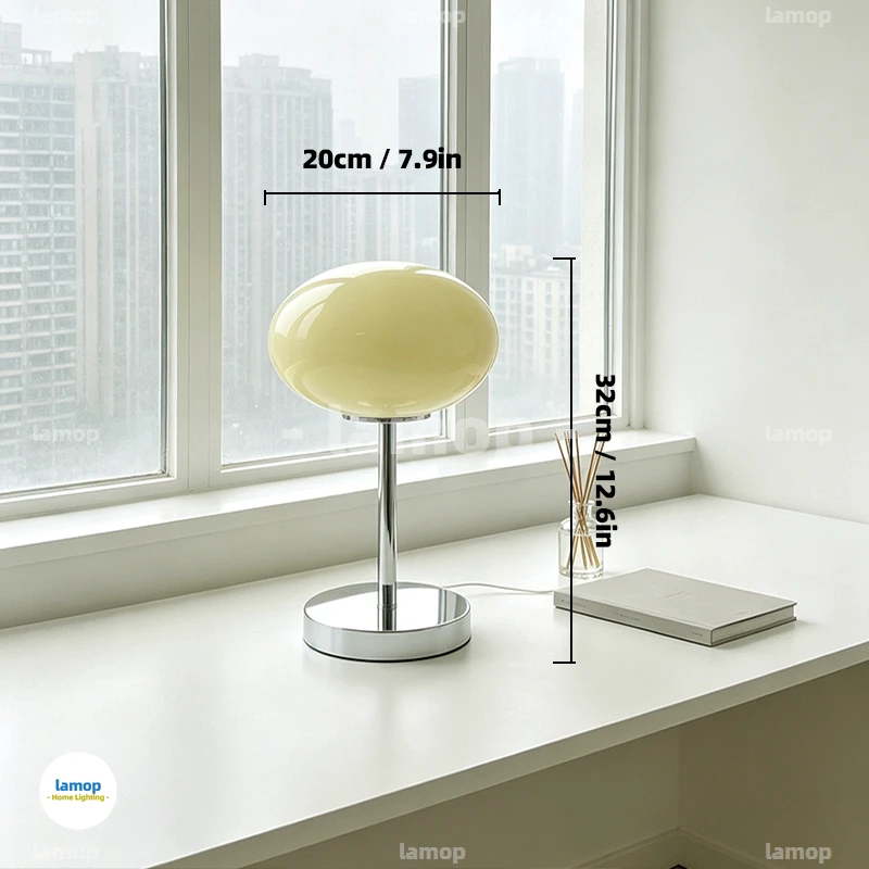 Murano Glass Transverse Globule Horizontal Round Table Lamp Chrome Thin Stem Base 3 Tone Soft Light French Cream Book Stack Bedr