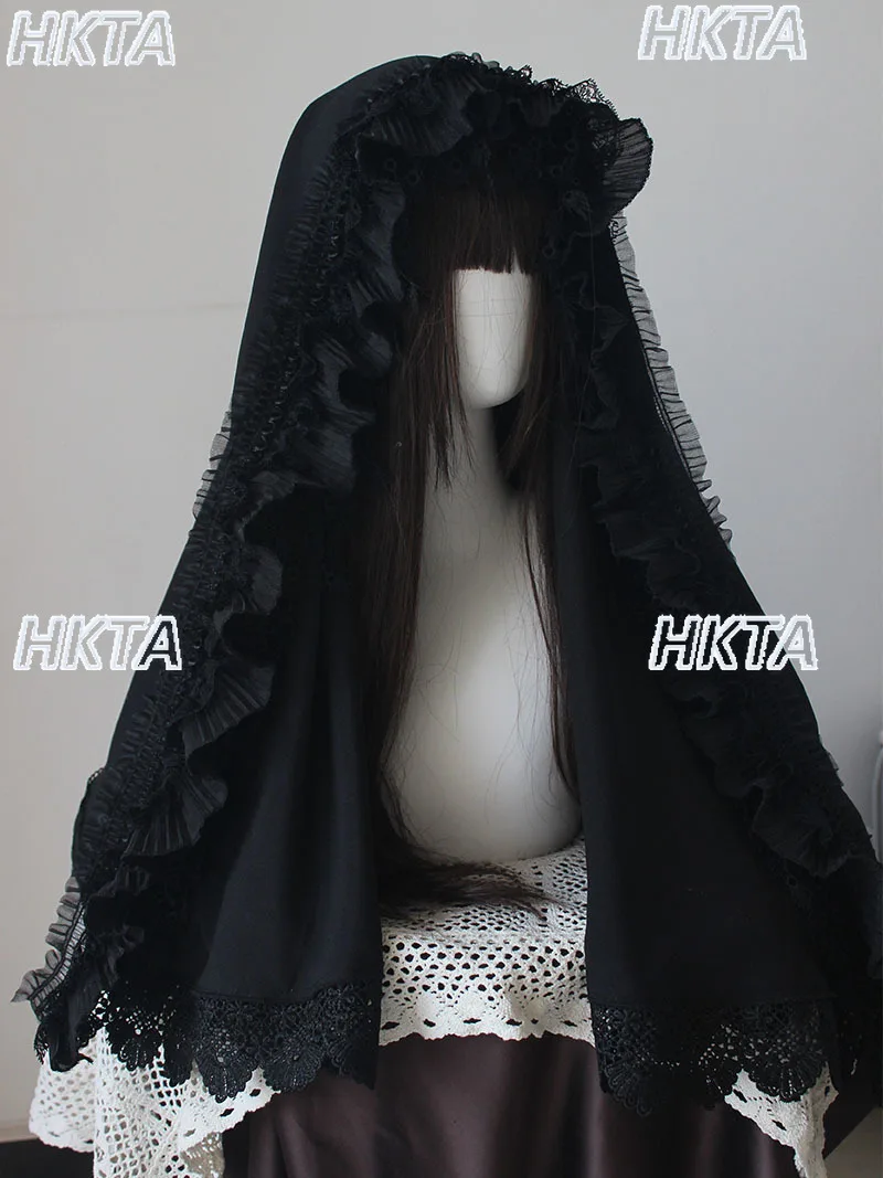 Abito Lolita Scuro Elegante Foulard Accessori per capelli Donna Splendido pizzo Nero Bianco Scialle Cofano Fasce Cosplay femminile