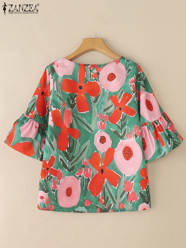 ZANZEA Donna Casual Camicette con stampa floreale 2025 Moda estiva 3/4 Manica svasata O-Collo Blusas allentati Mujer Abbigliamento da giorno Top per le vacanze