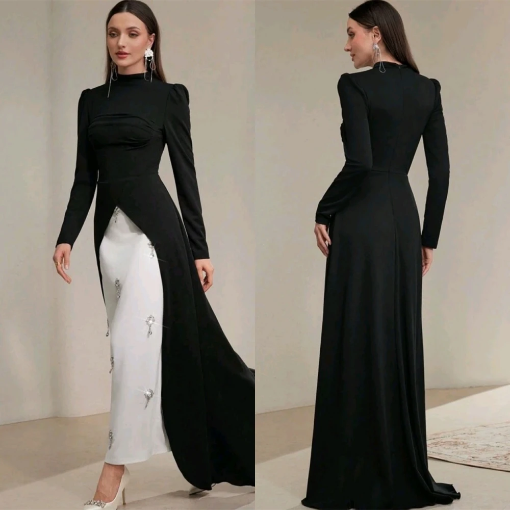 تخصيص كلاسيكي أسود جيرسي مساء اللباس الكلاسيكي س الرقبة طويلة الأكمام فساتين المشاهير حساسة مستقيم كريستال فساتين حفلة موسيقية #2