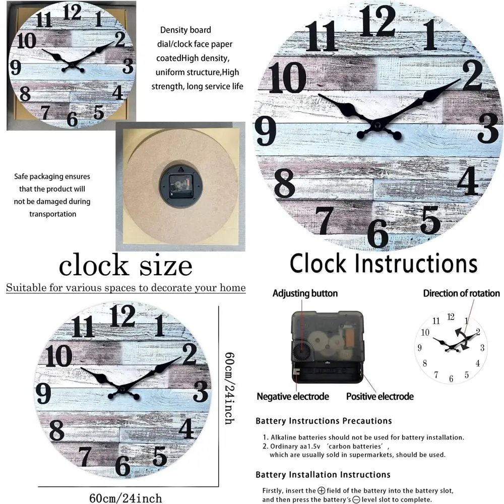 

24 Grey Rustic Nautical Wall Clock, Battery-Powered Silent, Round Decorative Clock for Office (MDF, Not Solid Wood)