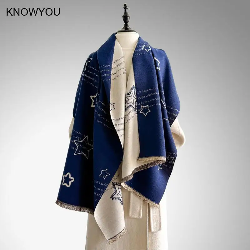 

Шарф с синим звездным принтом, женский теплый искусственный кашемир, глушители Bufanda, одеяло большого размера, пашмина, осенне-зимняя шаль и накидка