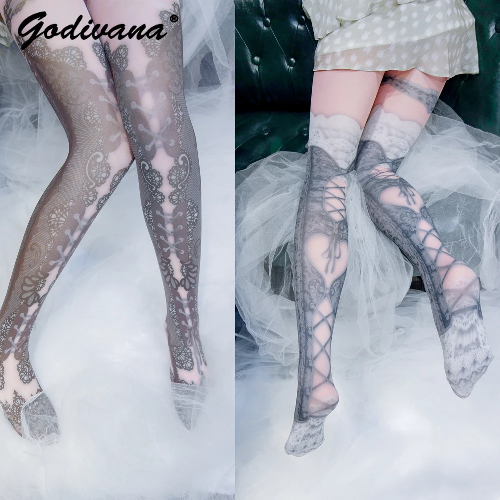 Lolita Soft Girl Sexy Strap-on Lace Pantyhose Cosplay Stocking Tights Female Retro Spring Summer Retro Printed Pantyhose