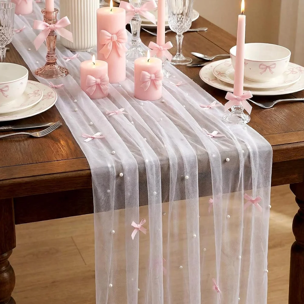 1PC Bow Pearl Tulle Table Runner, White/Pink Sheer Gauze, 300×76cm, Wedding Baby Shower Party Dessert Table Decor