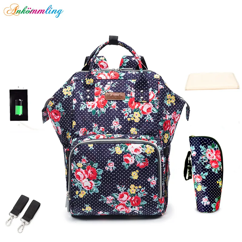 USB Multi-function Printing Flower Mommy Bag Waterproof Large Capacity Travel Backpack Out Door Diaper Mother and Baby Backpacks