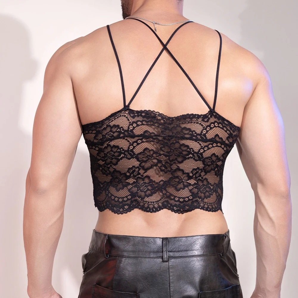 Hommes Sexy harnais Muscle corps poitrine gilet dentelle florale débardeurs transparent maille vêtements de nuit élastique érotique Lingerie Camis Singlets