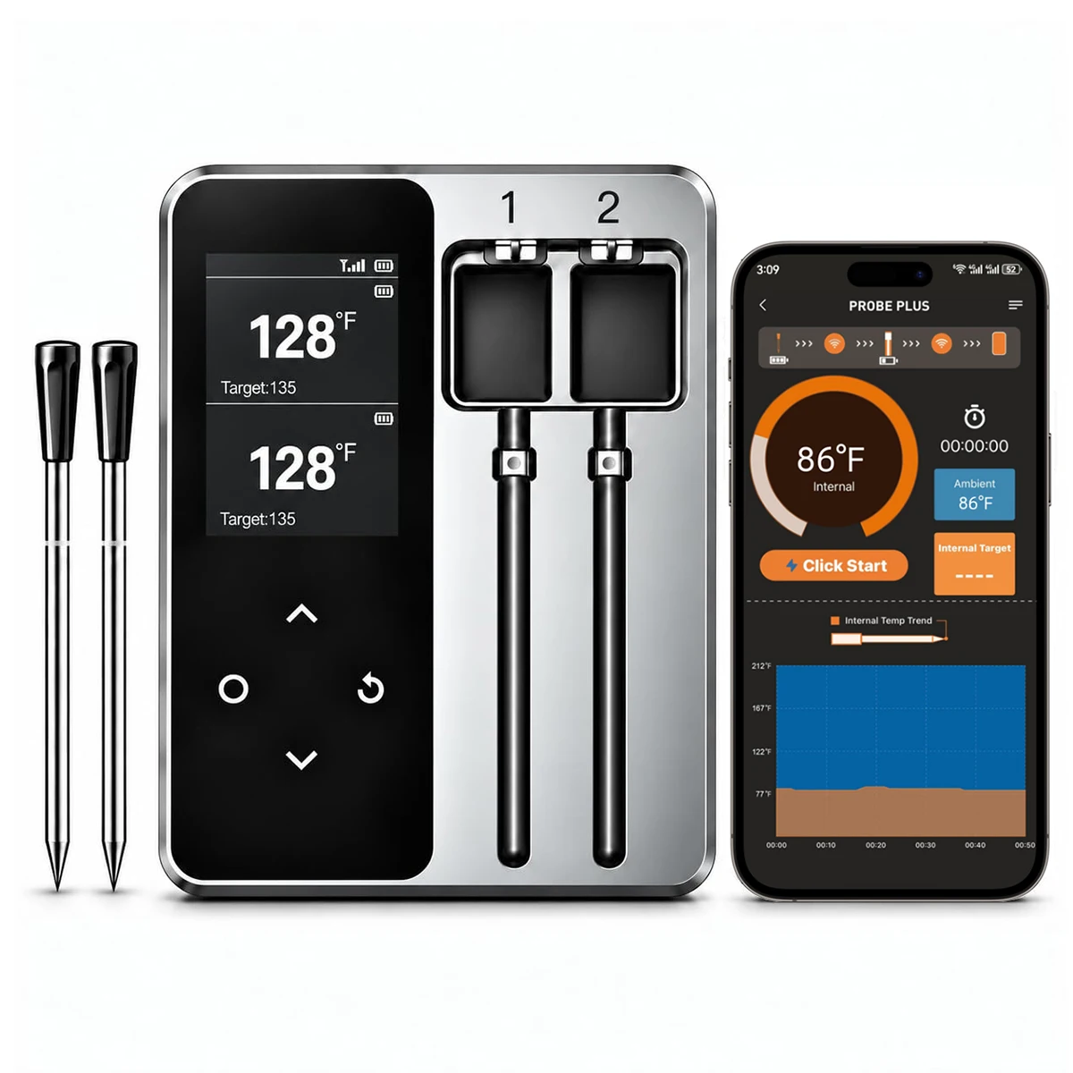 Wireless Bluetooth Meat Thermometer 2 Probes IP67 Waterproof Probes with LCD Screen Booster Rechargeable for Grilling Smoker BBQ