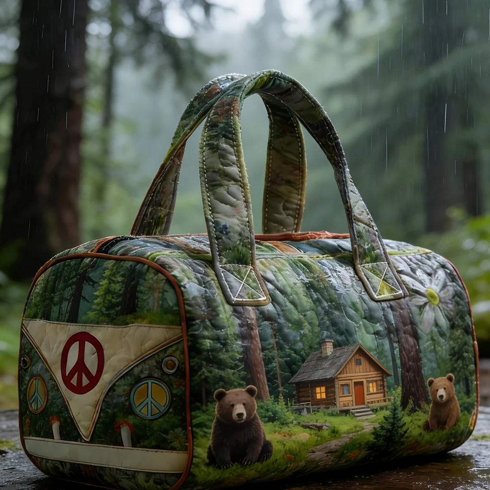 

Woodland Animals Quilted Duffle Bag Boho Hippie Peace Sign Camping Travel Tote HandBag Men Women Weekender Bags