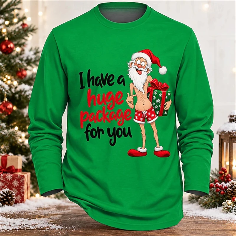 2026 New Men's Long-Sleeve Christmas T-Shirt Santa Claus Gift-Giving Print Crew Neck Pullover Loose Fit Fun Holiday Party Top