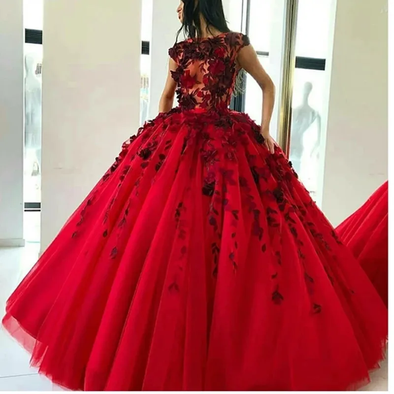

Red Cap Sleeves 3D Flowers Quinceanera Dresses
