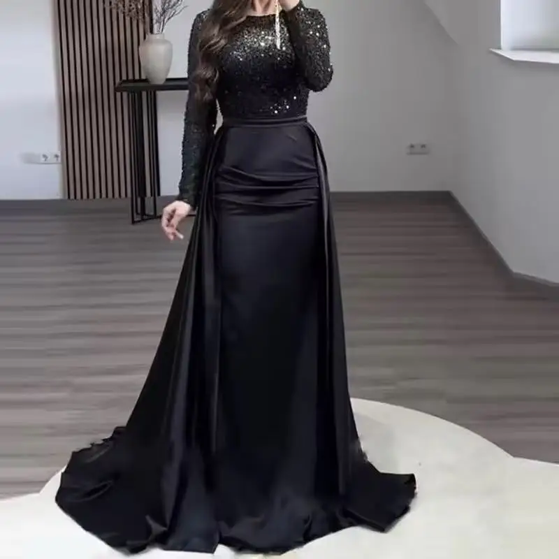 

Long Sleeves Prom Dresses Champagne Sequined robes de soirée Dubai Evening Party Dress with Slit Customized