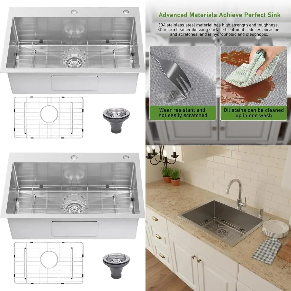 Top Mount Stainless Steel Kitchen Sink, 28x18 with 9 Basin Depth and 3D Embossed Surface, 18 Gauge, Includes Accessories