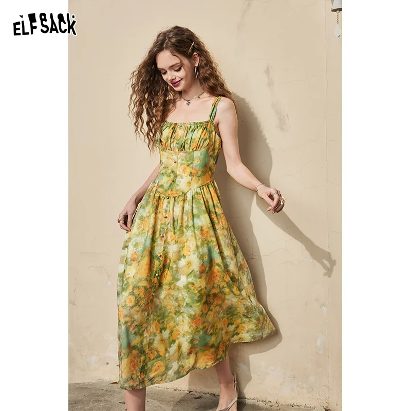 ELFSACK French retro oil painting printed camisole dress with waistband, light and sexy summer vacation dress