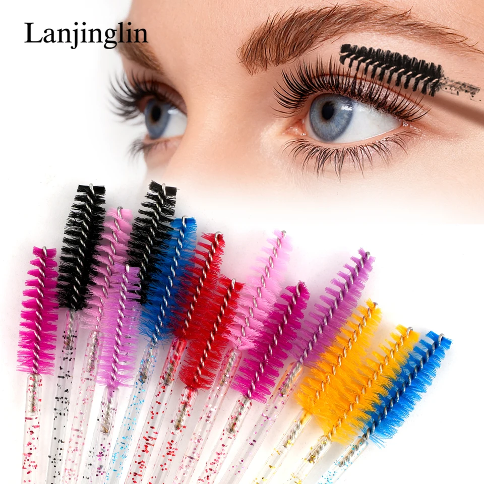 Lanjinglin 50/100 piezas de cepillos para pestañas de maquillaje, cepillo de cejas de cristal con mango de diamante, aplicador de máscara, herramientas de extensión 2