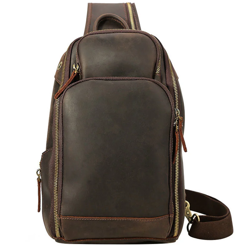 New Arrivals Mens Leather Chest Bag Single Shoulder Backpack Chest Packs Genuine Leather Crosbody Bag With USB Cable