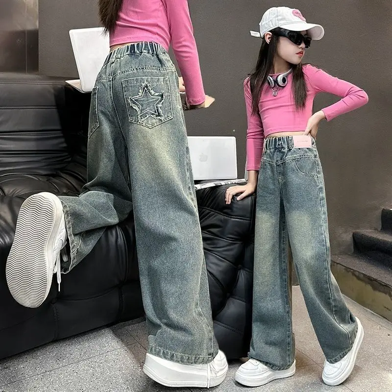 Herbstliche Mädchen-Jeanshose aus Baumwolle mit Schleifenstickerei, einfarbig, locker geschnitten, weites Bein, für Kinder, Mädchen, koreanische, weiche Kinderhose – Detail 4