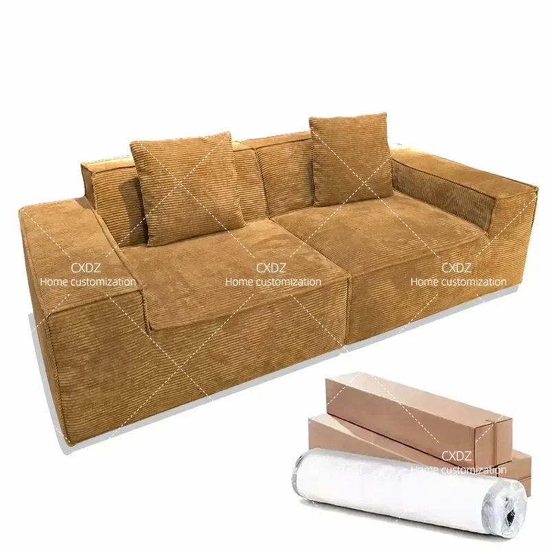 Corduroy Compression Sofa Small Apartment Living Room Straight Row Tofu Block Compact Couch Modern Minimalist Furniture