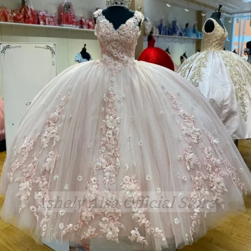 Real Pictures Saudi Arabic Princess Prom Dresses 14th Girls V Neck 3D Floral Birthday Party Gown vestidos de 15 quinceañera 2024