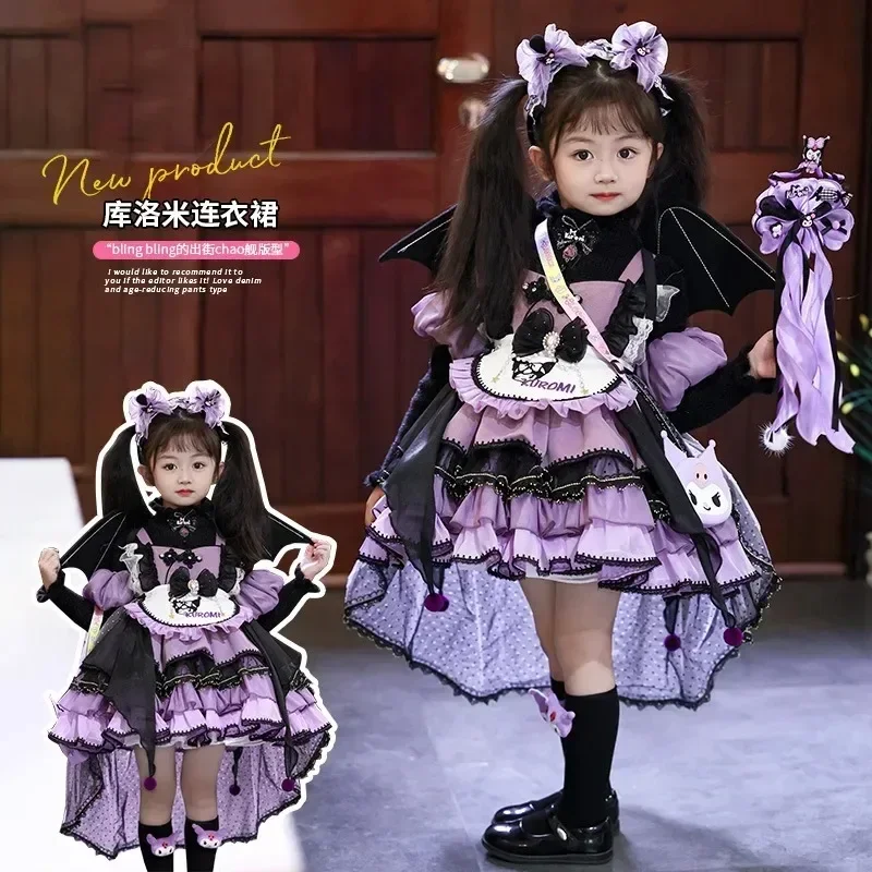 Sanrio Anime Kuromi Cartoon Girl Lolita Skirt Set Girls Autumn Long Sleeves Skirt Cosplay Princess Dress Party Birthday Gifts