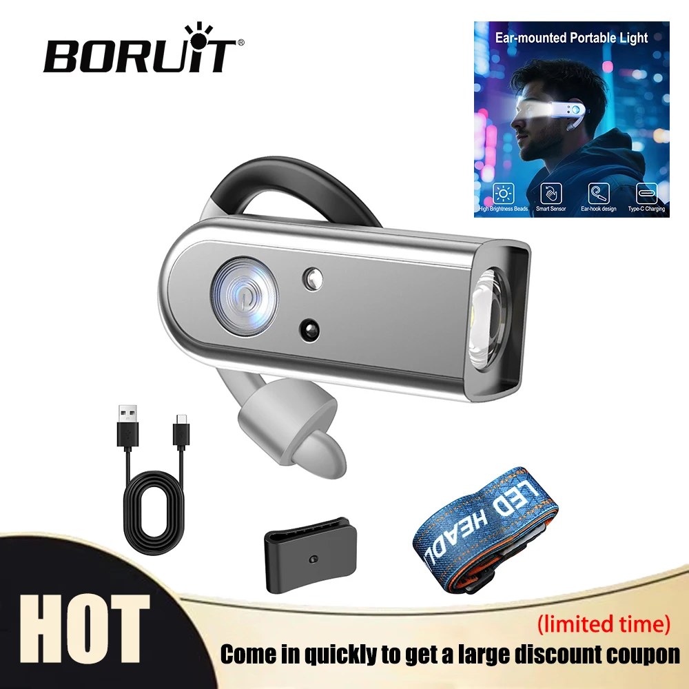

BORUiT Motion Sensor LED Headlamp Type-C Rechargeable Hat Clip Light Ear-Mounted with Built-in Battery for Outdoor Camping Use