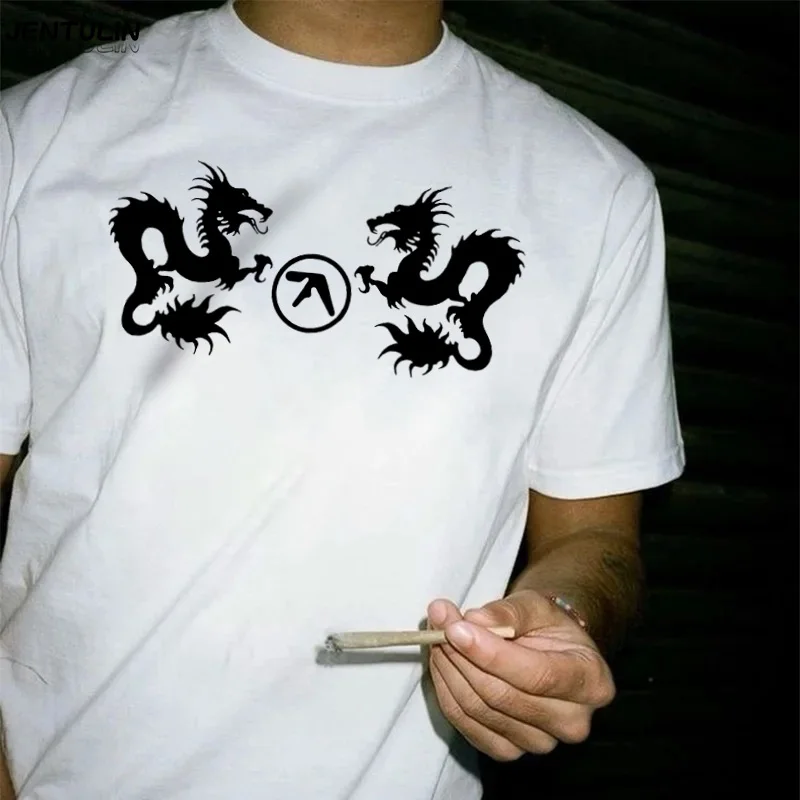 

Harajuku Oversized Vintage Korean Fashion Short Sleeve Top Tee Streetwear Clothes Men Clothing T-Shirt Dragon Aphex Twin Graphic