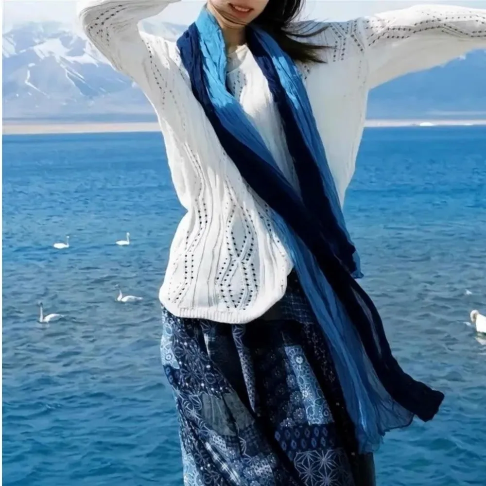 Novo vintage gradiente cachecol versátil estilo wasteland hijab cachecol respirável leve longo xale plissado para mulher