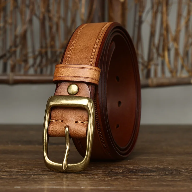 

3.3CM Wide Genuine Leather Belt Men Luxury Strap Male Belt New Fashion Retro High Quality Pure Cowhide Copper Buckle Designer