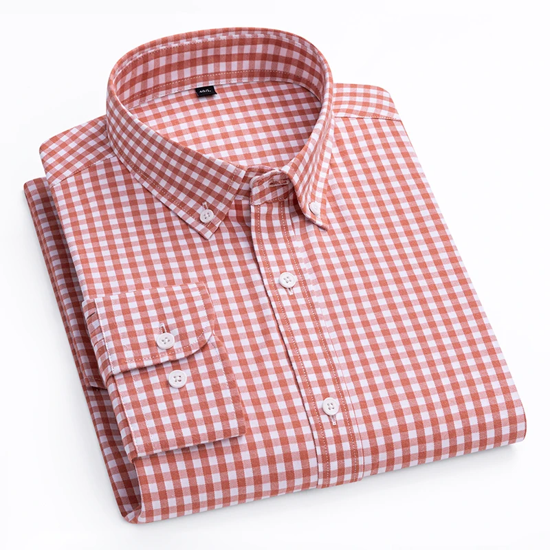 

New 100% Cotton Plaid Long Sleeve Casual Shirts For Men Young Classic Clothing Regular Fit Easy Care Garment Smart Dress Shirts