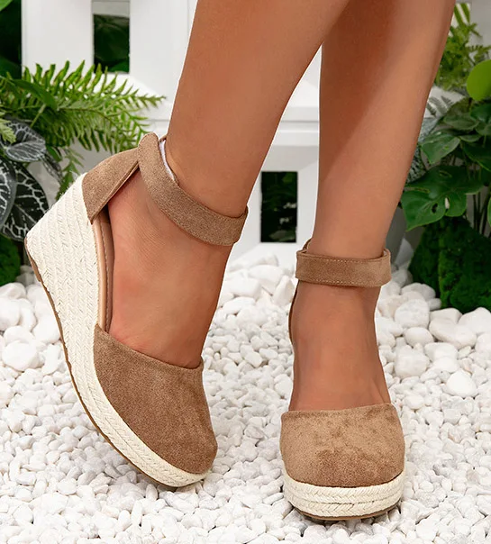 LIHUAMAO suede Wedges heel platform sandals espardilles shoes ankle strap casual beach sandals