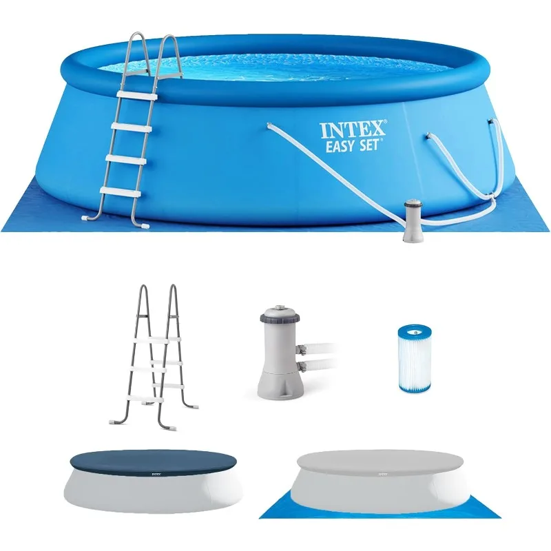 Juego de piscina inflable Easy Set: 15 pies x 48 pulgadas – Incluye bomba de filtro de cartucho de 1000 GPH – Escalera extraíble –