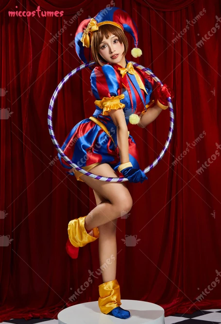 Miccostumes Women Clown Cosplay Costume Blue Red Jumpsuit and Hat with Gloves and Socks