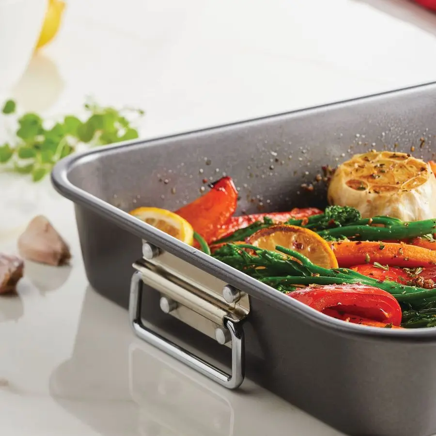 

Bakeware Nonstick Steel Roaster with Flat Rack, 11Inch x 15Inch, Gray