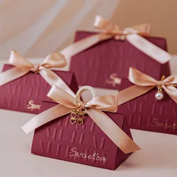 5pcs Bow Triangle Wedding Wine Red Candy Box Portable Gift Box Sweet Wishes Rustic Happy Wedding Party Bridal Shower Sugar Bag