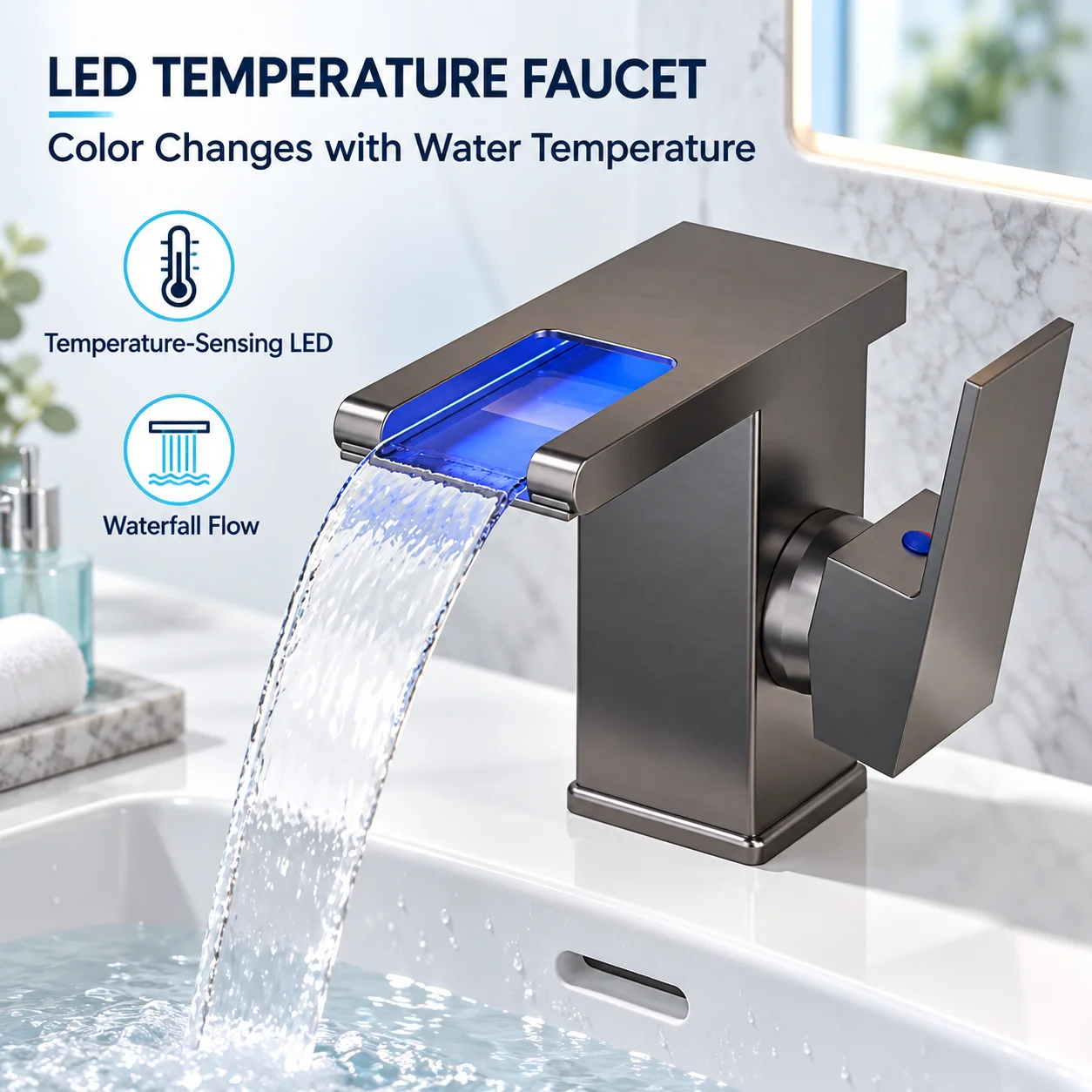 Household LED Waterfall Basin Faucet Hydro‑Power Temperature Color Changing Cold Hot Mixer Tap Bathroom Sink Vanity Tap