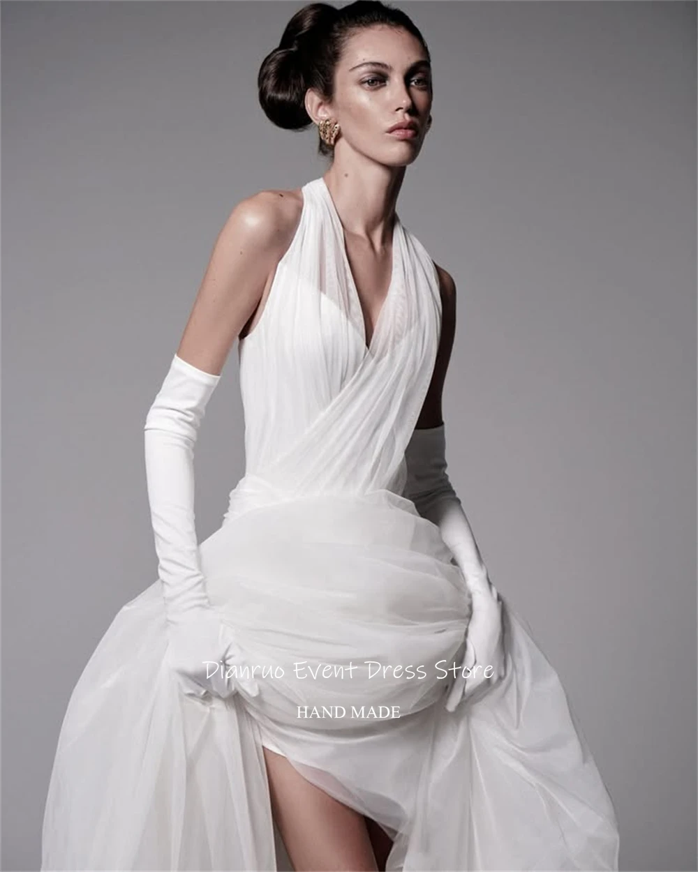 Dianruo-vestidos de noche blancos con escote Halter, vestidos de novia fluidos de corte A, vestidos de gasa con cuello en V fruncidos para mujer personalizados