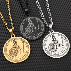 MYTHOS War Goddess Athena Round Pendants Necklace Medusa Shield Vintage Stainless Steel Men Pendant Jewelry Fashion Accessories