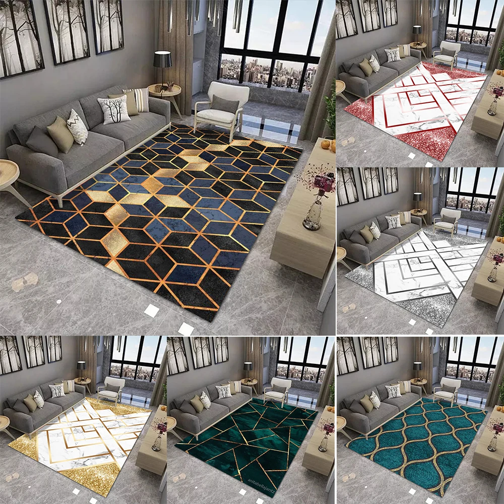 سجادة أرضية هندسية فاخرة وخفيفة وحديثة مع سجادة بنمط خط ذهبي ومموج سداسي ومناسبة لمشاهد متعددة