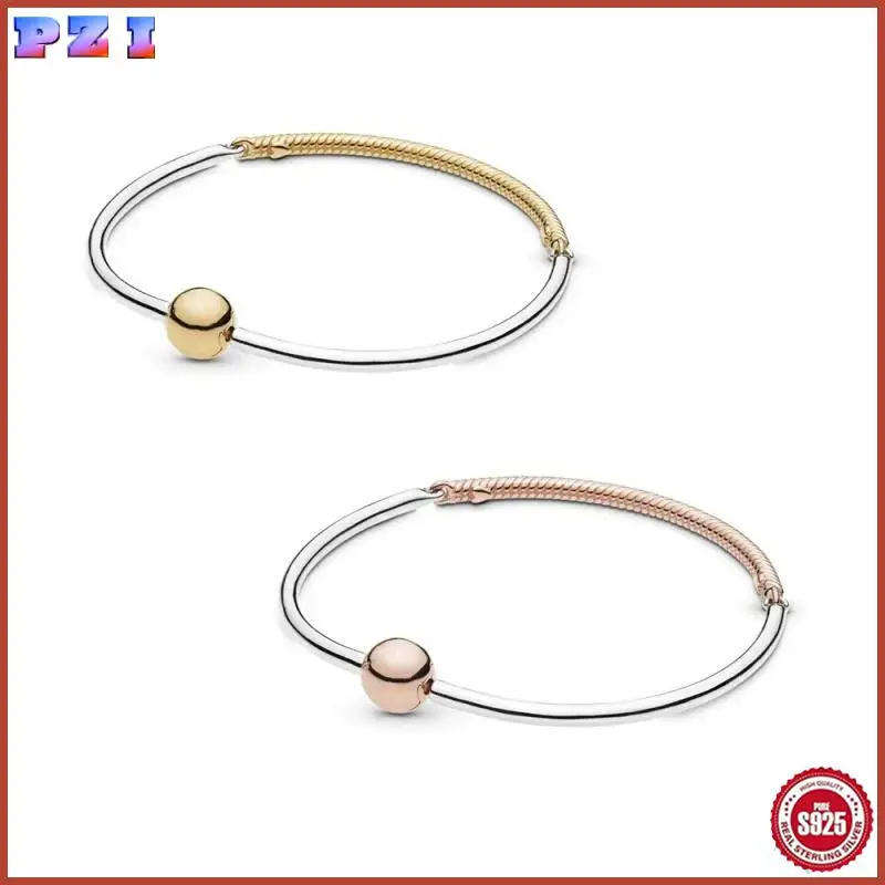 

Authentic 925 Sterling Silver pretty Two-tone Moments Three-Link Bangle Fit Charm Bracelet DIY Jewelry For Women Bracelet